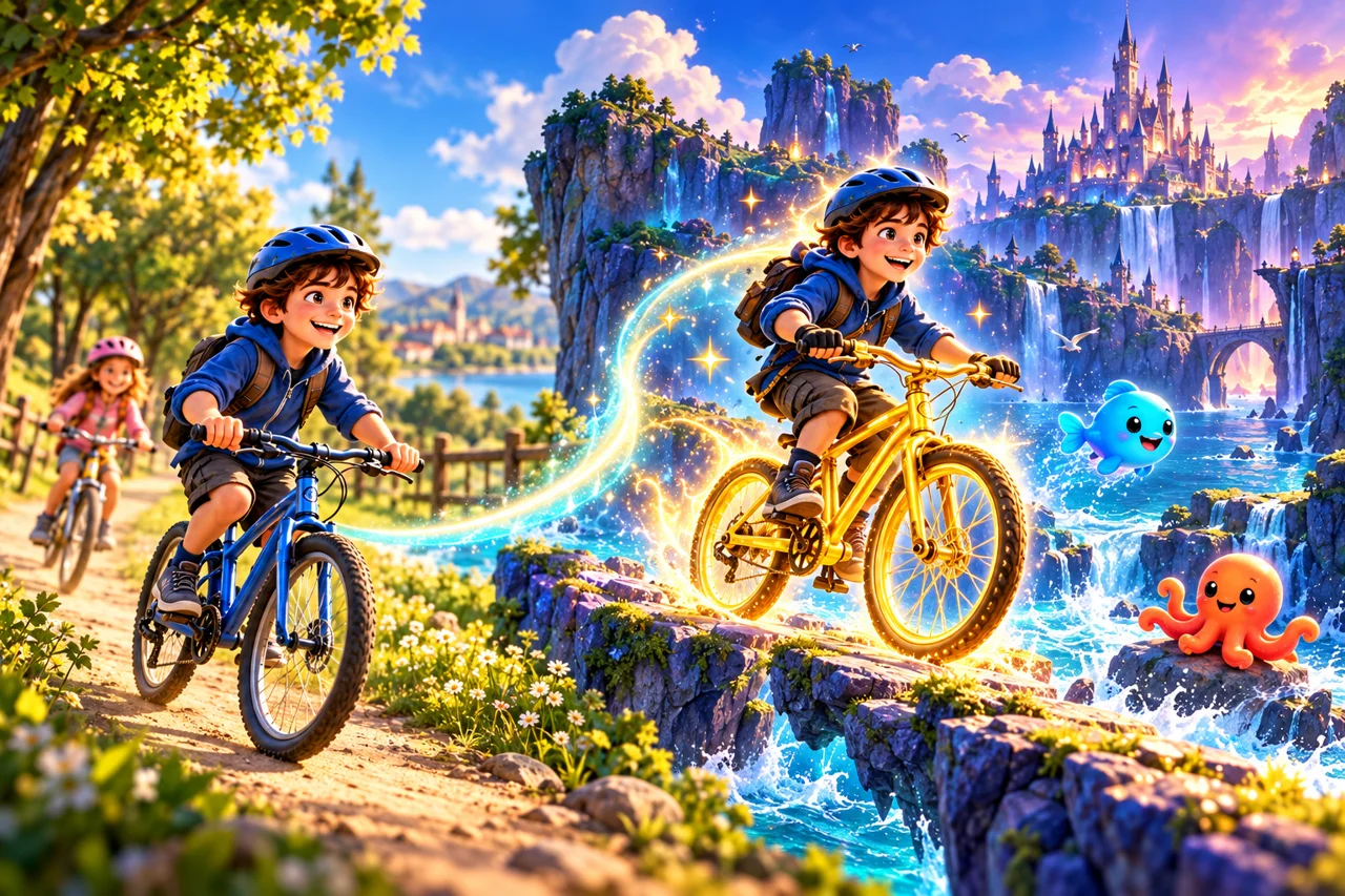 Le même enfant casqué fait du vélo dans un parc et, dans le monde fantastique, roule sur un vélo en or. Un courant lumineux relie les deux mondes.