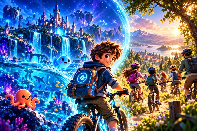 Des amis à vélo accompagnés d’un adulte, dans un paysage chaleureux.