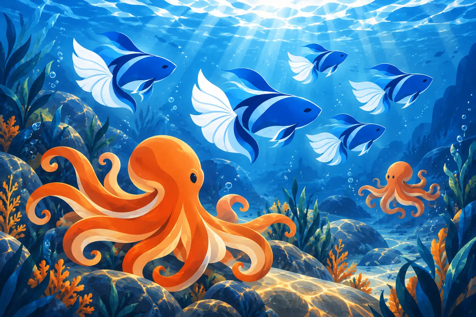 Le poisson bleu et la pieuvre orange, réunis dans le courant Okeiya