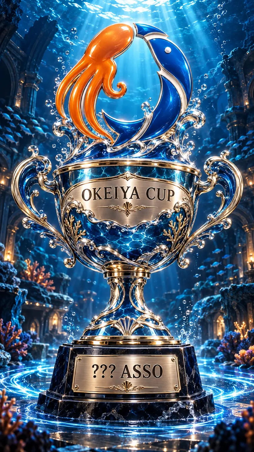 Coupe conceptuelle Okeiya Cup : poisson bleu et pieuvre orange au sommet, anses en vagues, inscription OKEIYA CUP et plaque ??? ASSO.