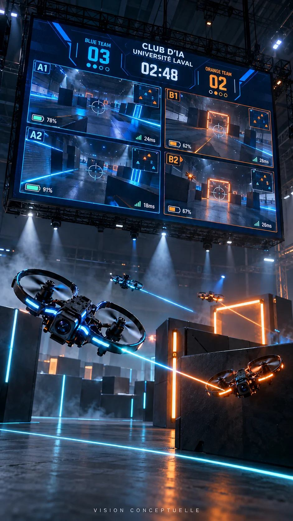 Vision conceptuelle de drones dans une arène de laser tag avec écran géant et vues embarquées.