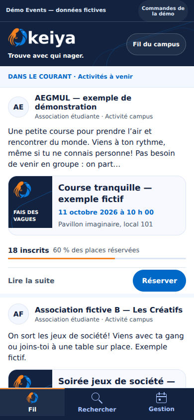 Aperçu réel de la démo Okeiya Événements : publications AEGMUL, places et navigation du fil.