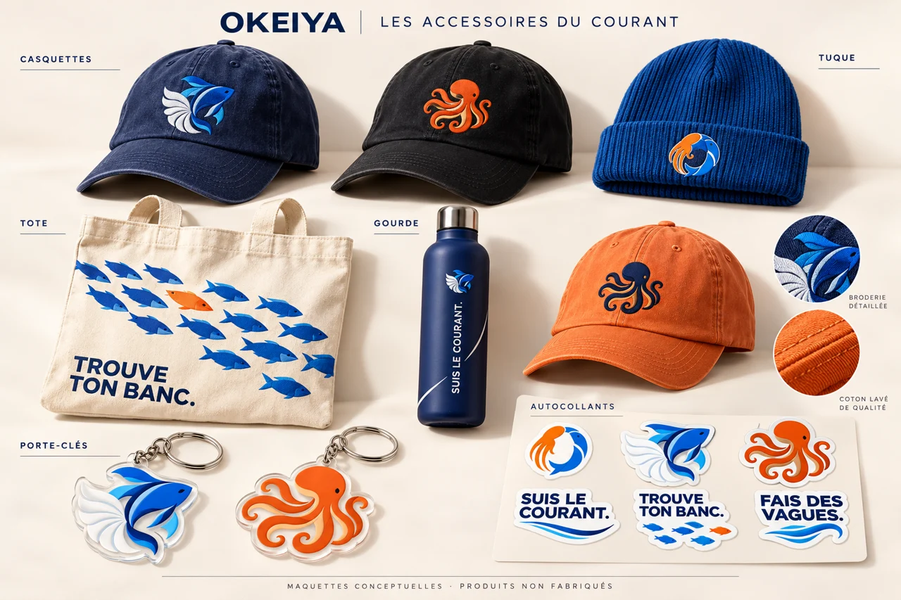 Maquettes des accessoires bleus et orange The Current Collection