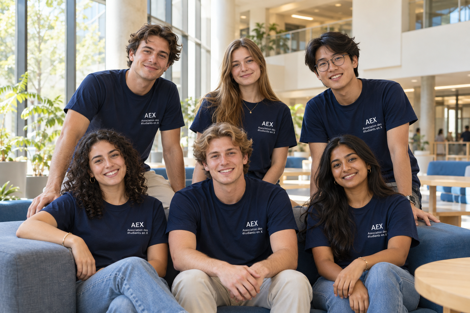 Six étudiants fictifs en chandails marine AEX réunis sur un campus.